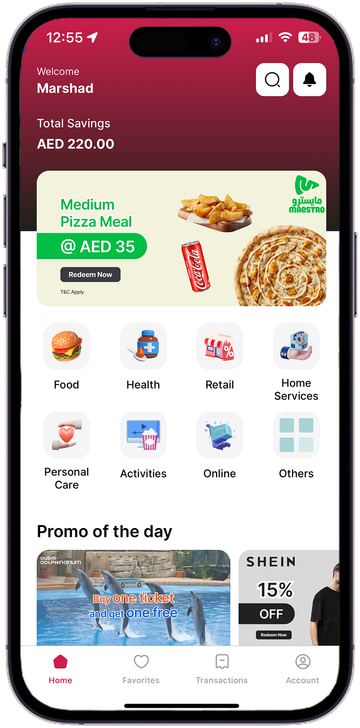 rahat app home screen showing offers, categories and total savings
